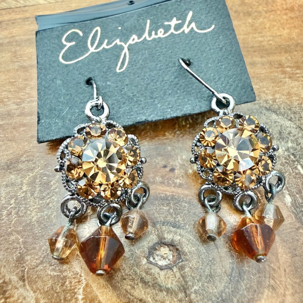 Elizabeth Y2K Gunmetal Smoky Rhinestone Dangle Earrings NOS Fairy Goth